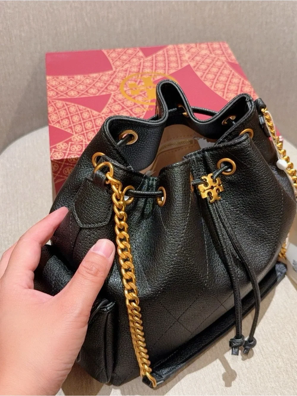 Tory Burch Black Pebbled Leather Drawstring Bucket Bag with Gold Chain